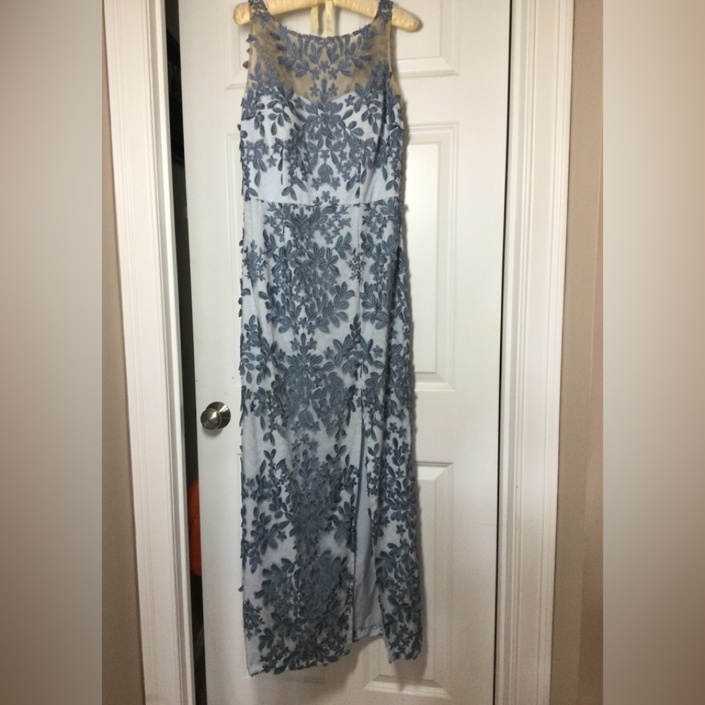 JS Collections Light Blue and Navy Lace Appliqué Evening Gown - Picture 6 of 13